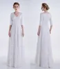 Lace A-line 겸손 웨딩 드레스 3/4 슬리브 V-Neck Vestidos De Novia 층 길이 진짜 맞춤 제작 된 사원 웨딩 가운 버튼