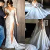 Side Split Lace Wedding Dress With Detachable Skirt Sheath Illusion Back High Long Sleeves Wedding Dress Covered Button Bridal Gowns