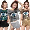 Club Fashion Women short Tshirt DS Costumes Perform Jazz Dance New Female Hip-hop Clothing Big Eyes Sequined Tops