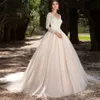 Tüll Langarm Erröten Farbe Hochzeit Kleid V-ausschnitt Ballkleid Applikationen Spitze casamento Brautkleider Illusion Zurück vestido de noiva