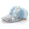 Nya modekvinnor denim tvättade Rhinestone baseballmössa med blommiga jeans simulering diamant kepsar snapback hattar hip hop hatts265o