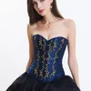 Corsetto da donna vittoriano in raso gotico con scollo a cuore, foglie in broccato, ricamo imbottito, vita sottile, corsetto da ballo burlesco con pannelli sui fianchi