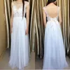 Robes de bal simples longues blanches 2019 élégantes robes de soirée en mousseline de soie appliquées pour les femmes Chine a-ligne Cap manches robe Fiesta