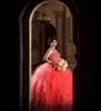 安いCoral Quinceanera Gowns Sweet 16 Ball Prom Gowns Puffy Skirt Tulle Crystal Beaded Coral Quinceaneraドレス15年5447561