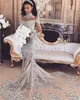 Luxury Sparkly 2022 Mermaid Wedding Dress Sexy Sheer Bling Beads Lace Applique High Neck Illusion Long Sleeve Champagne Trumpet Bridal Gowns