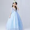 Light Blue Flower Girl Dress Elegant Tulle Lace Girl Wedding Dress Ankle Length Appliques Bead Kids Party Prom Dress First Communion Dresses