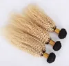 Ombre färg blondin # 1b 613 Peruvian Virgin Haft Weft med frontal stängning Mörkrot Kinky Curly Hair Buntar med spets frontlin