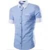 Wholesale- Brand 2016 Fashion Male Hawaiian Shirt Short-Sleeves Tops High Quality Solid Color New Mens Dress Shirts Slim Men Shirt 2XL DFG