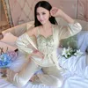 Wholesale- 2017 Latest women's Sexy silk nightwear Summer Long sleeved trousers sleepwear(Bathrobe + Camisole+trousers "Three pieces")