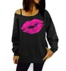 Partihandel-2015 Kvinnor Sweatshirts One Piece Sexy Red Lips Print Oversized Off Shoulder Edge Kvinna Pullovers Långärmad Lady Hoodies