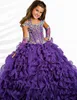 ゴージャスな紫色のボールガウンのページェントガウン女の子のビーズハロターネックレースアップバックオーガンザフリル床の長さの花の女の子のドレス