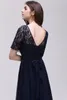 2018 Новые элегантные овальные вырезы Темно-синие дизайнерские платья подружки невесты Шифоновое кружево Длинная линия Плюс размер Платья подружки невесты CPS527495464