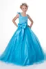 Schönes türkisfarbenes Tüll-Bogen-Träger-Perlen-Blumenmädchen-Kleid, Prinzessin-Festzug-Kleider, Mädchen-Party-Kleider, nach Maß, Größe 2–14 HF419001