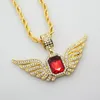 Full CZ Iced Out Angel Wings Red Ruby Pendant Necklace Gold Plated Hip Hop Bling Bling 30inch Rope Chian Jewelry