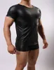 Homens de alta Qualidade T-shirt de Couro Preto Masculino Flexível Tops Apertados Manga Curta Bodycon Underwear Sexy Clubwear