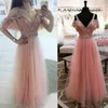 Shinning Zroszony V Neck Prom Dresses Pink Lace Off The Ramię Frezowanie Talii Linia Suknie Wieczorowe Tulle Długość Party Arabska Dress