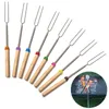 BBQ Forks Camping Campfire Stainless Steel Campground Lunch Tools Wooden Handle Telescoping Barbecue Roasting Fork Sticks Skewers fast