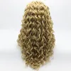Iwona hår lockigt lång tre ton honung blondin mix peruk 18 # 613/16 / 27H Högsta handbunden värmebeständig syntetisk spetsfront peruk
