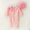 Lace Princess Style Newborn Baby Girl Jumpsuit 2017 New Spring Ruffle Long Sleeve Cotton Infant Romper with Flower Hat Babies Oufits N064