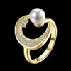 Luxo 18k sólido amarelo ouro forma de lua anel senhora cristal pérola anel noiva anel de casamento jóias anéis para mulher 9858827