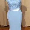 Light Sky Blue Evening Dress Mermaid Off Shoulder Open Back Lace Bridesmaid Formal Party Gowns Modern Custom Made New Real Po8651276