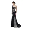 Unikalny projekt Sheer Illusion Mermaid Evening Sukienki 2019 Nude Black Cequines Applique One Long Rleeves Celebrity Prom Solens9306955