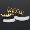 Nuovo Hip Hop Custom Fit Grill Six Hollow Open Face Bocca dorata Grillz Caps Top Bottom con denti da vampiro in silicone Set2699