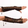 1pair Women Steampunk Lolita Armbands HAND CUFF Vintage Victorian Tie-Up Brown Mittens Guanti Accessori Cosplay Nuovo