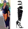 Silver Gold Buckles Cross Women Cool Knight Sandal Boots Over The Knee High Heels Peep Toe Ladies Long Gladiator Boots