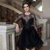 Latest 2017 Black Lace Illusion Long Sleeve Short Evening Dresses Elegant Jewel Beads Formal Prom Party Gowns Custom Made EN82218