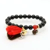 New Design Wholesale 8mm Black Onyx Stone & White Matte Beads Red Tassel Stretch Beads Yoga Om Couple Valentine Bracelet