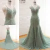 Elegante Backless Sexy Mermaid Avondjurken Lange kralen Spaghetti RAPS Chiffon Avondjurken Kapel Trein Echte foto Formele jurk