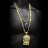 Hip Hop Golden Crowned Jesus Head Pendant Iced Out Square Gem Crystal Necklace Set Cuban Chain