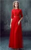 Red Long Modest Bridesmaid Dresses With Half Sleeves Lace Tulle Floor Length Formal Wedding Party Dresses Cheap Temple Brides Maid Dress