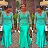ASO EBI Green Långärmade Aftonklänningar Sheer Neck Lace Appliques Beads Mermaid Prom Dress African Plus Size Party Dress Formal Vestidos