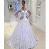 ブラジルのAラインのウェディングドレスVネックアップリケビーズシアーバックロングスリーブブライダルドレスVestidos de Novias