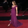 Elegant Pregnant Evening Dresses Purple Chiffon Beaded Ruched V Neck Off the Shoulder Asymmetrical Hem Maternity Red Carpet Evening Gown