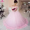 Precioso vestido de noche largo 2019, vestido de baile hinchado, manga casquillo, flores hechas a mano, rosa claro, vestidos de quinceañera de estilo árabe para mujer