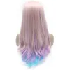 24" Long Baby Pink Blue Straight Heat Friendly Synthetic Hair Lace Front Three Tone Wig S02