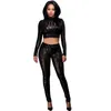 Wholesale- Sequined Long Sleeve Women Two Pieces Sets Crop Top + Long Pant 2017 Bodycon Skinny Sexy Jumpsuit Hollow Out Long Rompers S2751