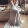 Bohemian Beach Wedding Dresses Deep V Neck Backless Illusion Lace Flare Sleeves Chiffon Bridal Gowns with Sash Custom Made