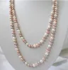 Long 36" 7-8mm Real Natural white & Pink & Purple Akoya Cultured Pearl Necklace