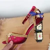 Bohemian style rhinestone pumps women flower high heels ankle strap wine red pumps embroidery chunky heel gladiator sandals party shoes