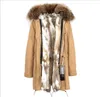 Outdoor Rose Fur Trim Jazzevar Märke Rabbit Fur Lined Camouflage Shell Long Parkas Snow Winter Jackets Women Coats