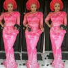 Hot Pink ASO EBI Prom Dress Kant Applicaties Sheer Mouwen Mermaid Plus Size Avondjurken Peplum Vloerlengte Dames Formele Wear Vestidos