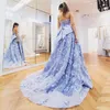 Dusty Blue Sweetheart Prom Dresses Sexy Bodice Exposed Boning Lace Appliques Evening Gowns With Big Bow Backless Sweep Train Arabi2665639