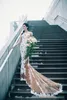 Champagne Tulle Laço Branco Apliques Sereia Vestidos de Noiva 2017 Sheer Manga Longa Ver através do Tribunal Trem Vestidos De Noiva Personalizado Vestidos
