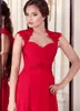 Arabic Sheer Crew Neck Backless Appliques Long Evening Dresses Cap Sleeves Red Chiffon Gorgeous vestidos de fiesta Prom Dresses