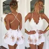 Rompers Sime Apparel Pasek biały koronkowy elegancki kombinezon romper seksowna backless szyfon letni blagit kobiety boho kwiatowe krótkie kombinezony