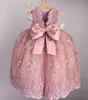 Imagens reais Tulle vestido de Baile Flor Menina Vestidos de Blush Rosa Sweety Pageant Vestidos Vintage Bead Meninas Vestido Com Grande Arco de Volta